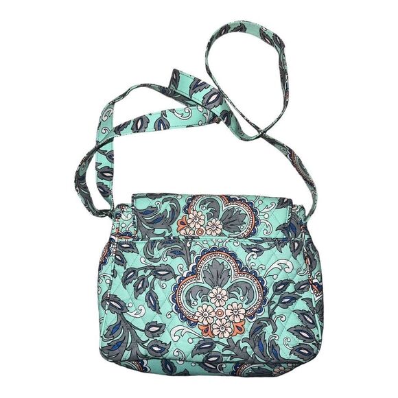 Vera Bradley Fan Flowers Medium Flap Crossbody Green Bag EUC - Picture 2 of 5